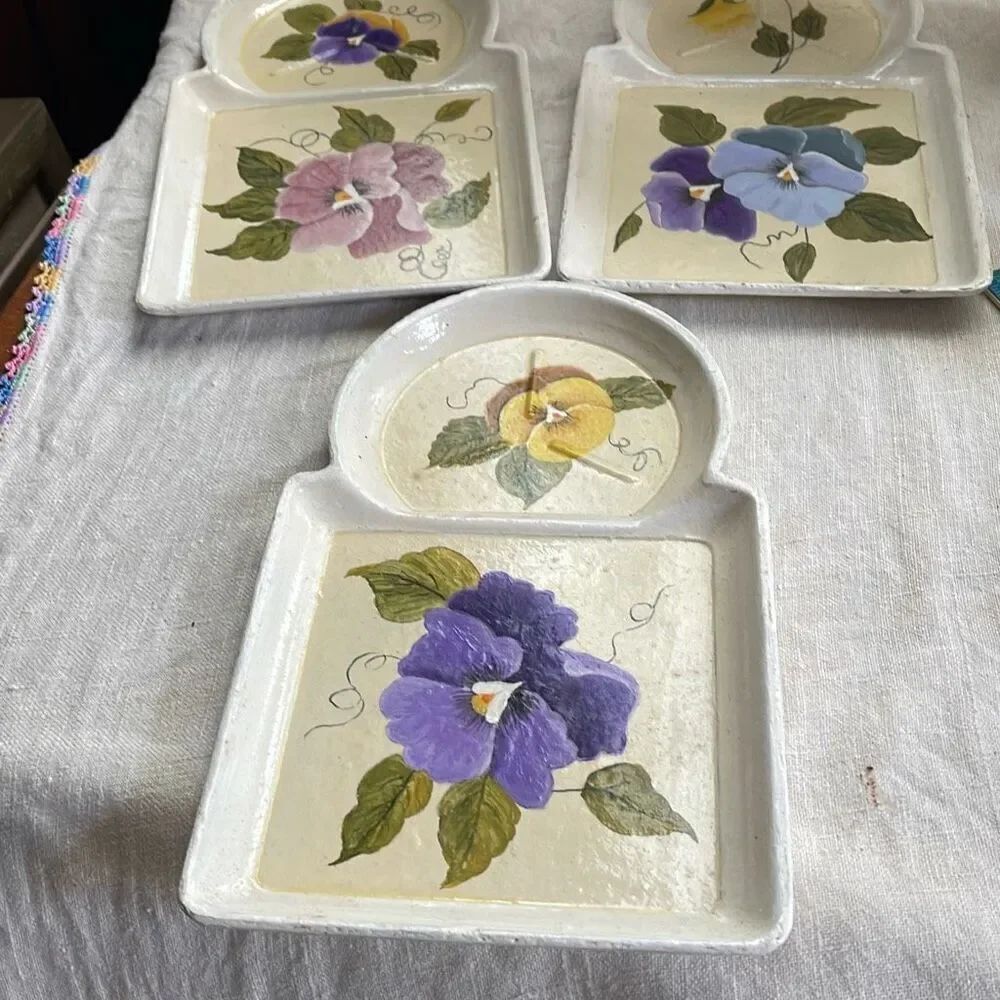 Vintage lot of 3 hand painted snack dishes. Cup and appetizer plates.